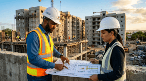 Dominican developers reviewing architectural blueprints at a construction site during golden hour
