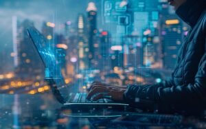 Professional using artificial intelligence tools in a modern workplace