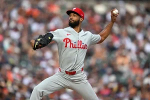 Cristopher Sánchez pitching for the Philadelphia Phillies against Detroit