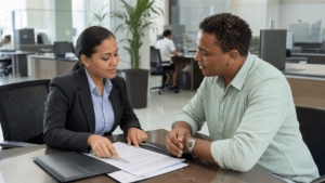 Dominican business owner reviewing a loan application with a bank adviser