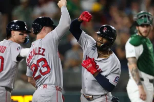 Huascar Brazobán and Bryan Abreu during Major League Baseball action