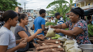 Dominican people in an everyday setting representing the Indigenous, African and international influences that shaped Dominican Spanish vocabulary