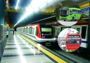 Santo Domingo Metro train and OMSA buses during the 2026 Central American and Caribbean Games
