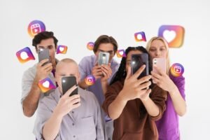 Person using social media apps while reviewing online privacy settings