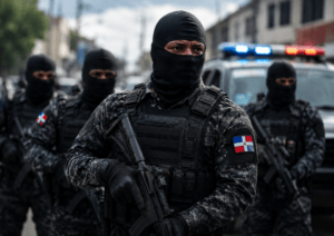 Dominican police officers wearing protective face coverings during a public operation
