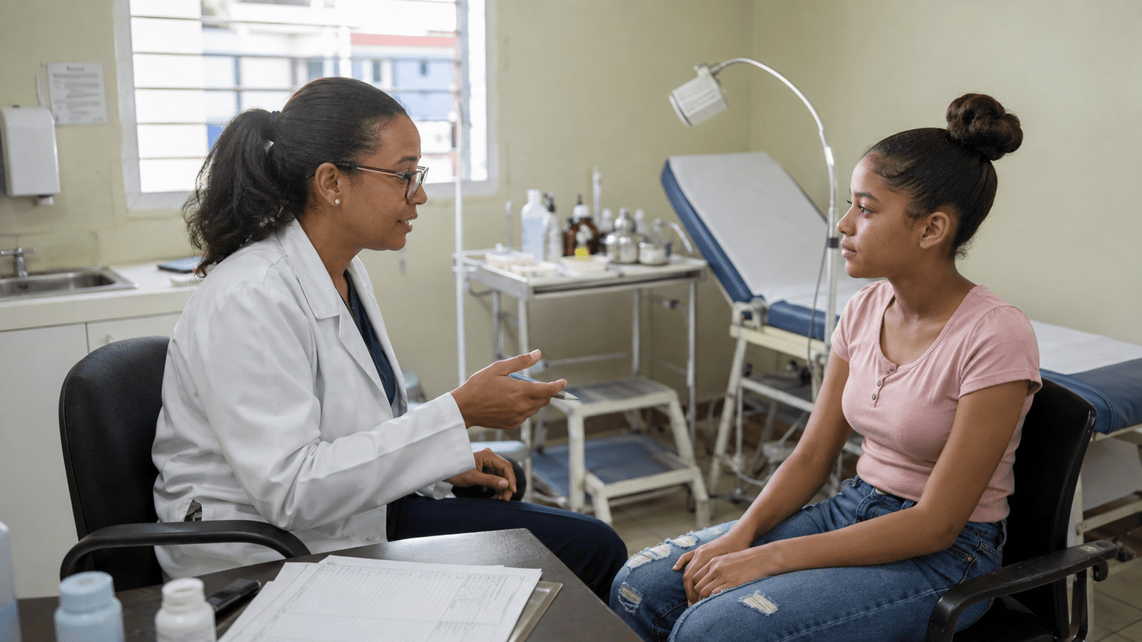 Healthcare professional speaking with a young Dominican adolescent in a public health clinic