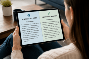 Person reading AI-generated and human-written stories on a digital device