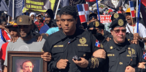 Antigua Orden Dominicana supporters during a nationalist march in Moca
