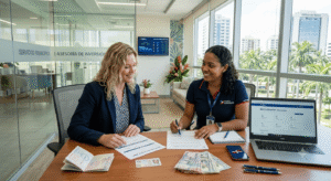 Customer visiting a Dominican bank branch to open an account