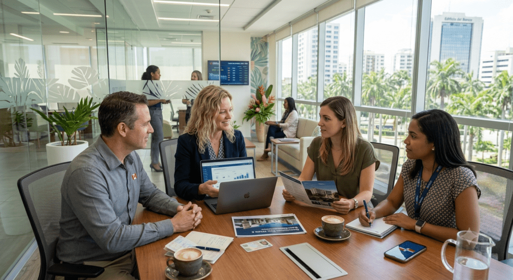 Expat entrepreneur meeting clients in a modern Dominican Republic office