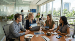 Expat entrepreneur meeting clients in a modern Dominican Republic office
