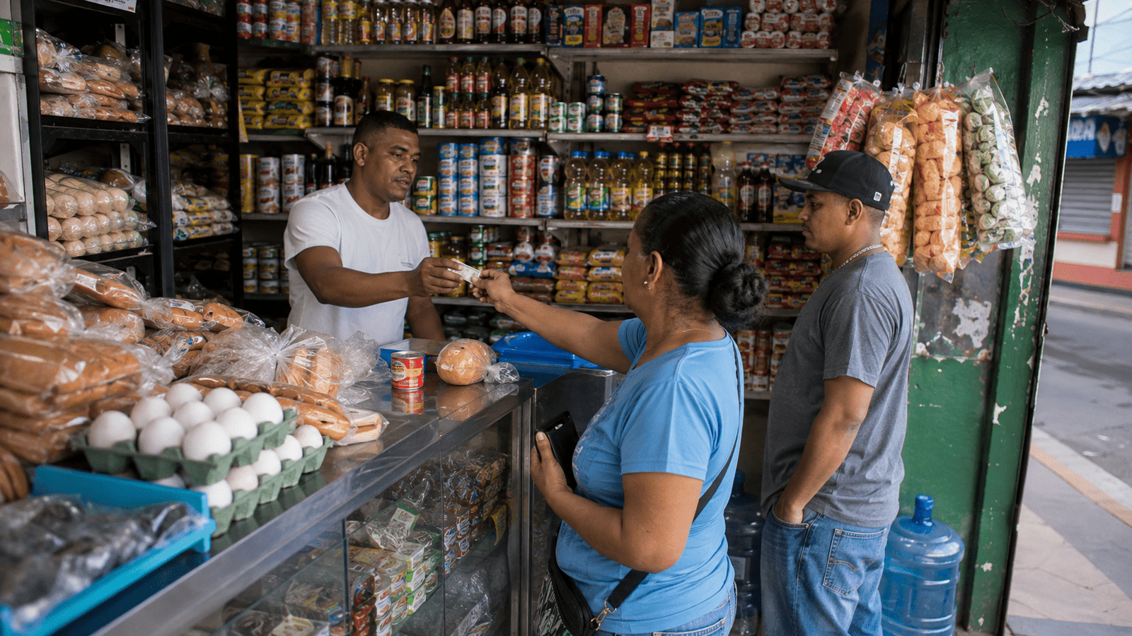 Customers making small everyday purchases at a Dominican colmado counter