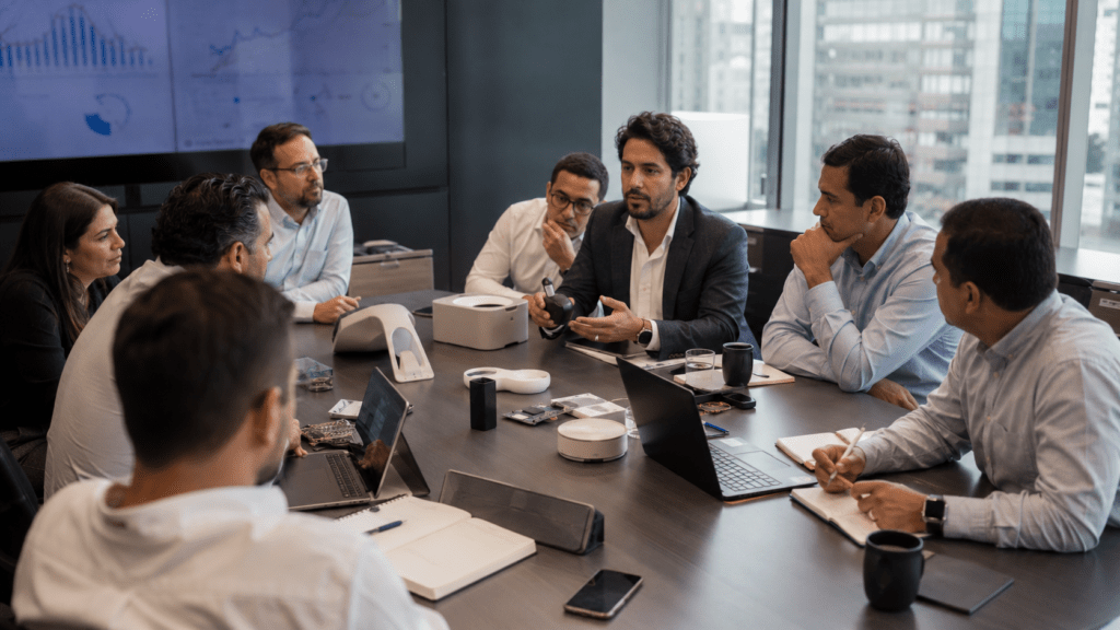 Corporate executives and startup founders collaborate during a technology accelerator meeting in Latin America
