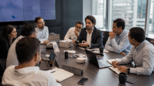 Corporate executives and startup founders collaborate during a technology accelerator meeting in Latin America