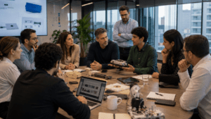 Corporate executives and startup founders collaborate during a technology accelerator meeting in Latin America