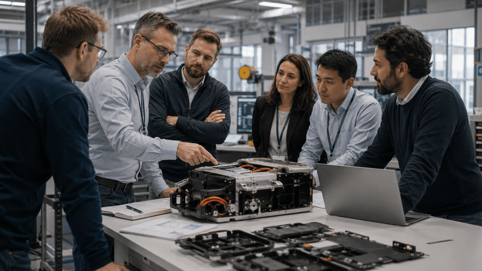 Corporate innovation team evaluates a startup technology prototype with founders during a business pilot