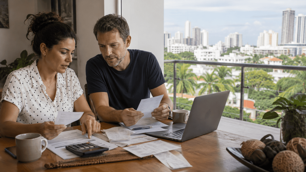 Expat couple reviewing household expenses in a modern apartment in Santo Domingo