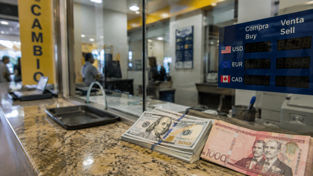 Dominican currency exchange counter with US dollars and Dominican pesos
