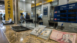 Dominican currency exchange counter with US dollars and Dominican pesos