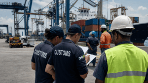 Dominican customs officials reviewing import documents and cargo at a Dominican Republic port