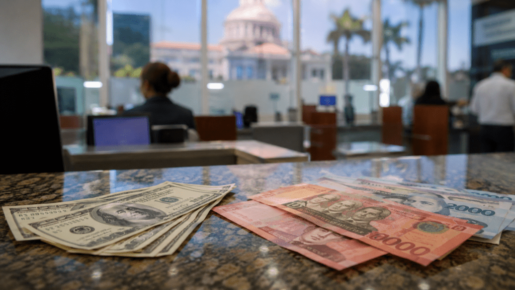 US dollar bills and Dominican peso banknotes representing the role of the dollar in the Dominican economy