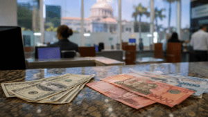 US dollar bills and Dominican peso banknotes representing the role of the dollar in the Dominican economy
