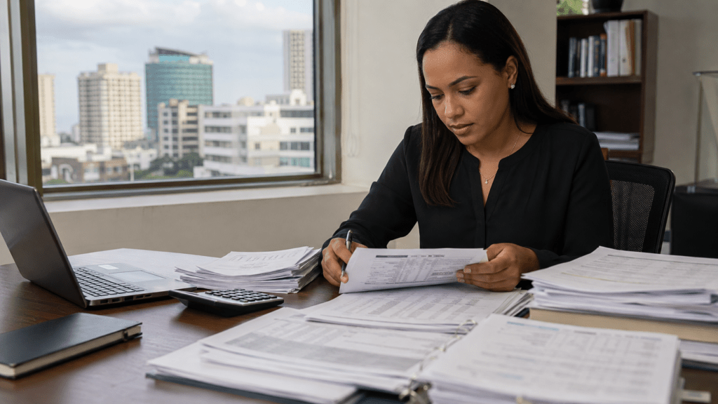 Dominican accounting professional reviewing financial statements