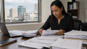 Dominican accounting professional reviewing financial statements