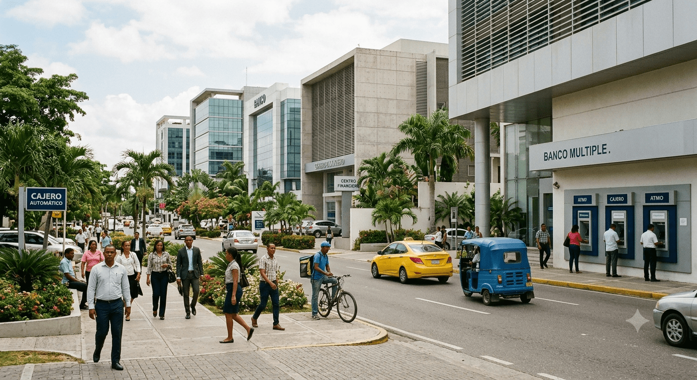 Exterior of several major banking institutions in the Dominican Republic within an urban commercial area.