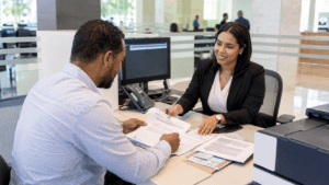 Dominican business representative meeting with a bank representative to open a corporate account