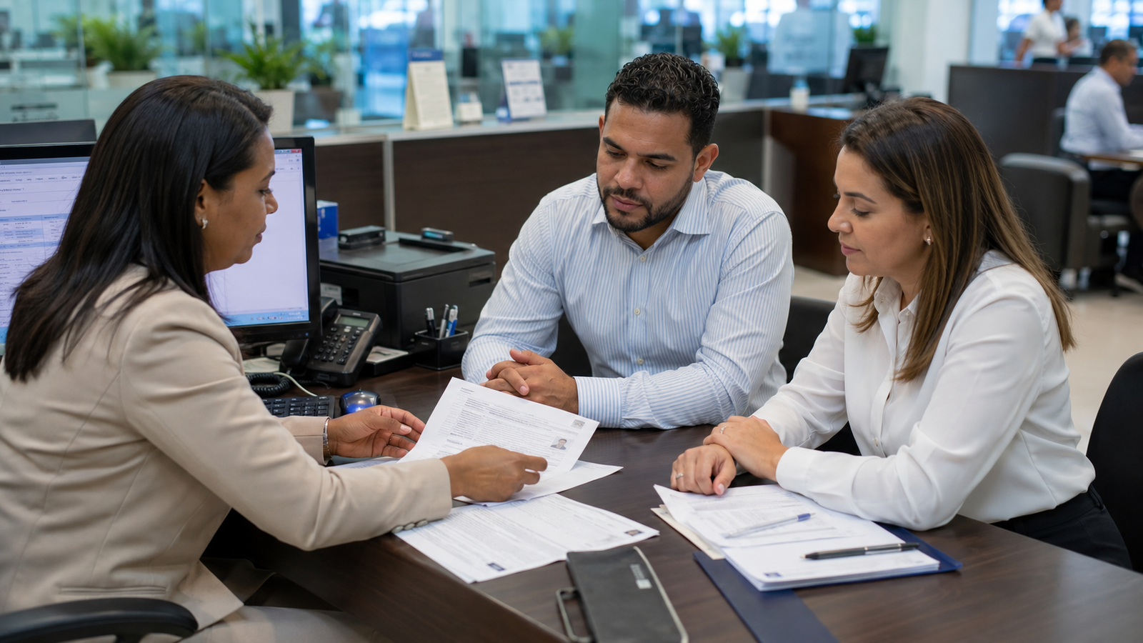 Business representatives preparing documents to open a corporate bank account in the Dominican Republic