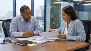 Dominican business owner reviewing financing options with a financial advisor