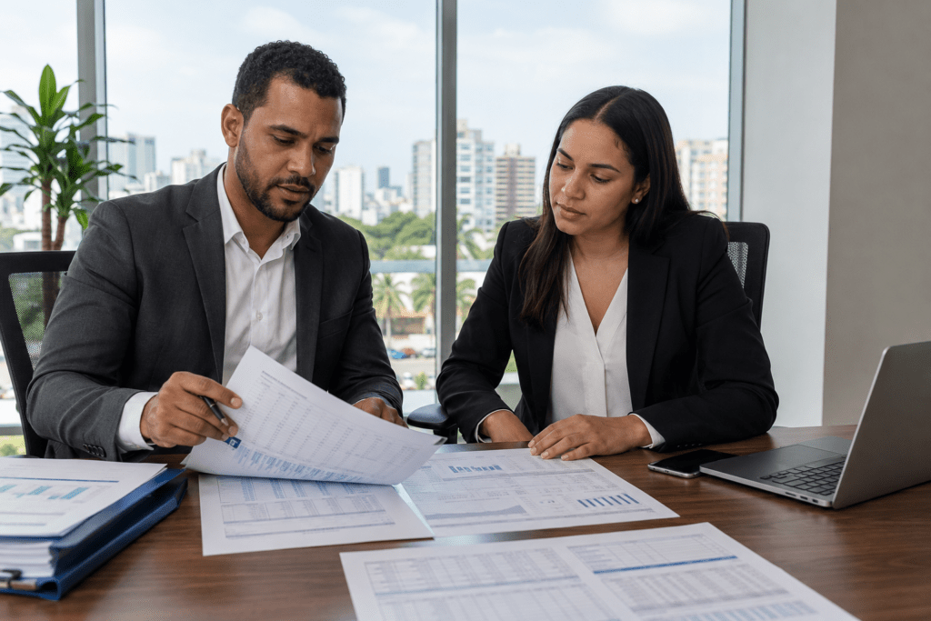 Dominican business professionals reviewing financial statements