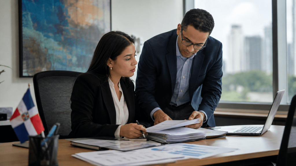 Dominican business professionals reviewing tax documents in an office