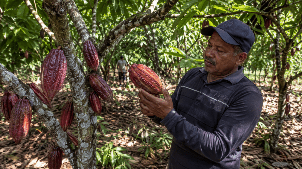 Dominican cocoa farmer inspecting ripe cacao pods on a plantation in the Dominican Republic