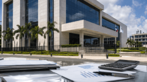 Dominican commercial bank building with corporate financial documents