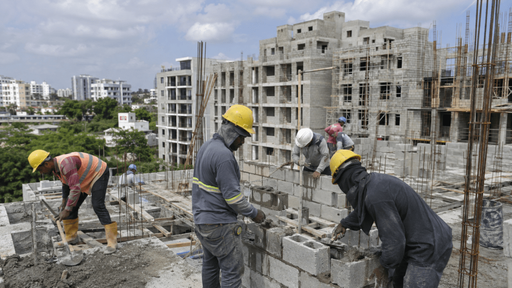 Dominican construction workers building apartments in Santo Domingo