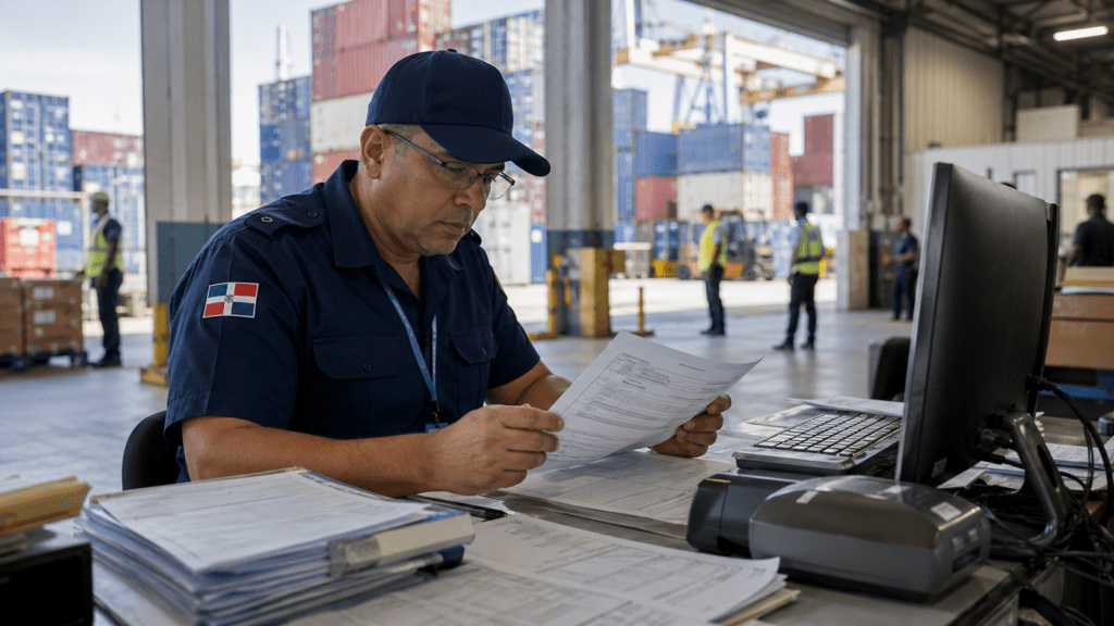 Dominican customs officer reviewing import documents at a customs clearance facility