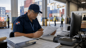 Dominican customs officer reviewing import documents at a customs clearance facility