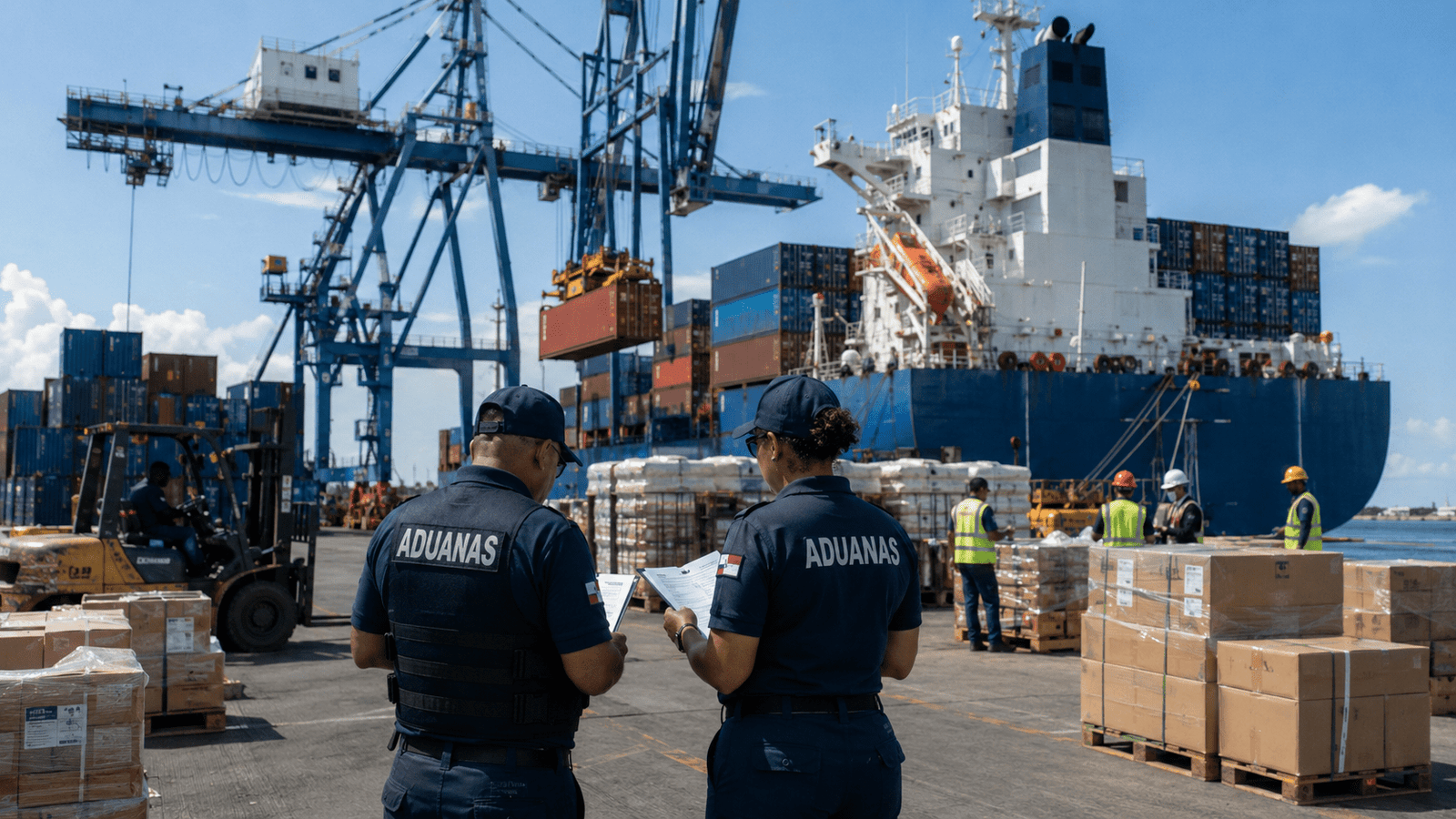 Dominican customs officers processing imported cargo at a commercial port with shipping containers and a container vessel