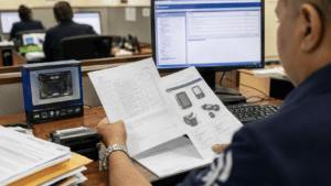 Dominican customs specialist reviewing import documentation and tariff classification materials