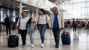 Dominican family with luggage at an international airport, representing the country's large global diaspora