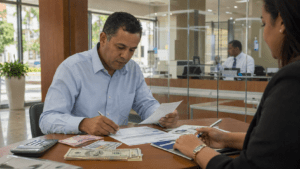 Dominican reviewing dollar savings at bank