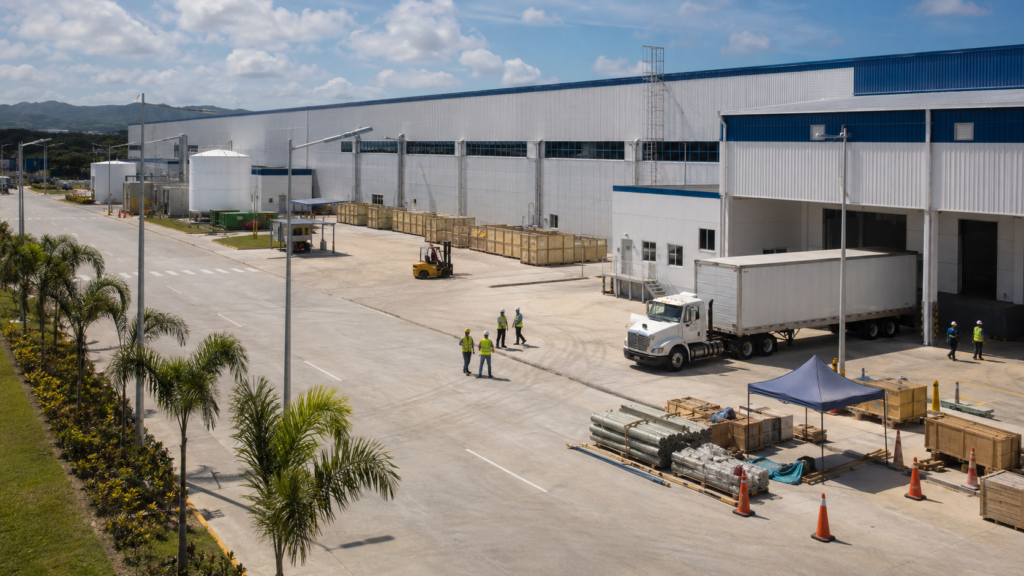 Dominican Republic free-zone industrial facility with workers and logistics activity