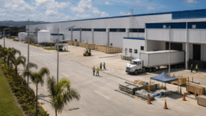 Dominican Republic free-zone industrial facility with workers and logistics activity