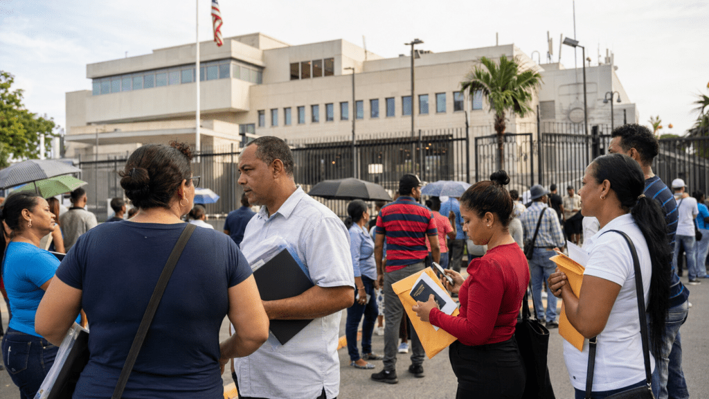 Dominican immigrant visa applicants waiting outside the U.S. Embassy in Santo Domingo