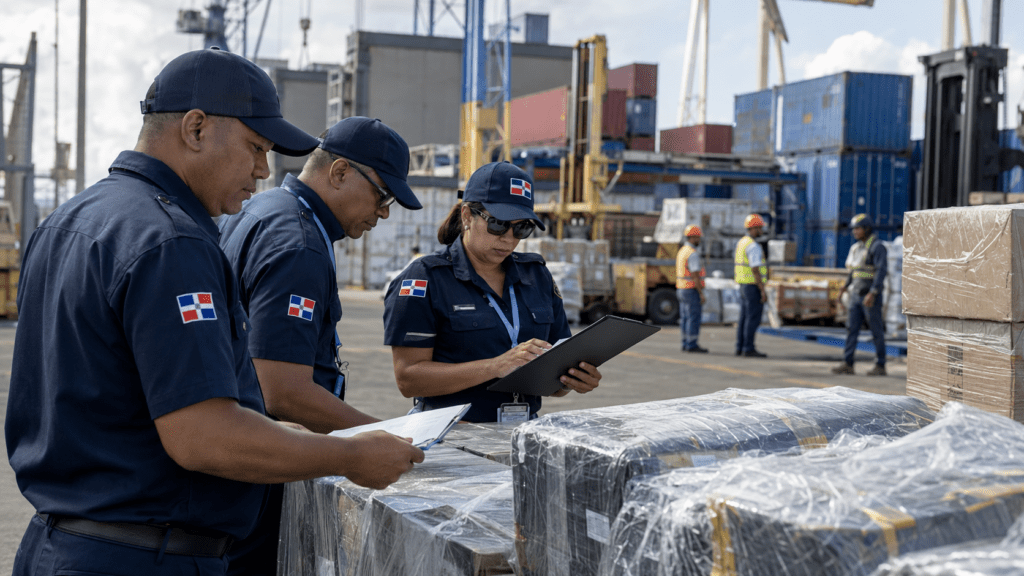 Dominican customs officers inspecting imported goods at a port facility