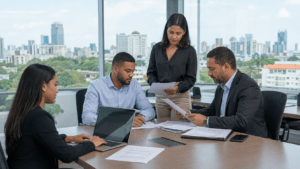 Employees working in a modern office in the Dominican Republic under national labor regulations