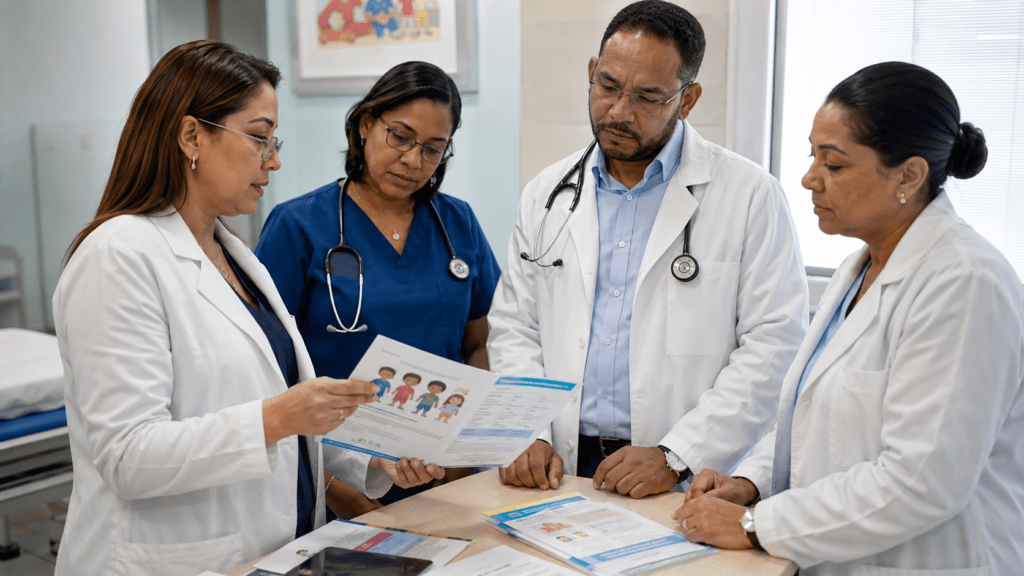 Dominican pediatricians reviewing childhood vaccination materials in a medical clinic in Santo Domingo
