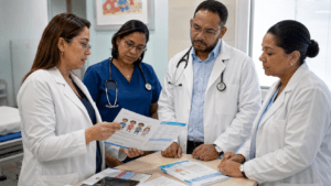 Dominican pediatricians reviewing childhood vaccination materials in a medical clinic in Santo Domingo